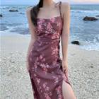 Shoulder-tie Slit Floral Midi Dress