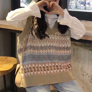 Patterned Knit Vest / Ruffle Trim Blouse