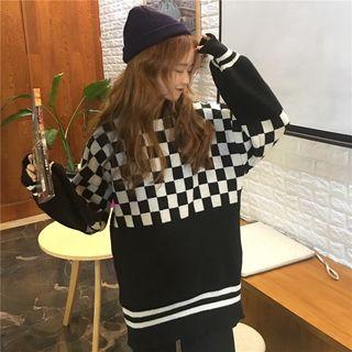 Lantern-sleeve Color-block Plaid Sweater