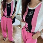 Sleeveless Letter Embroidery Color-block Top Pink - One Size