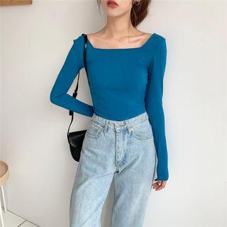 Plain Square-neck Long-sleeve Slim-fit Light Pullover