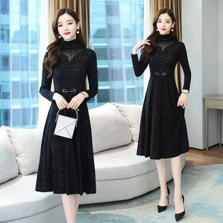 Long-sleeve Glitter Mock-neck A-line Midi Dress