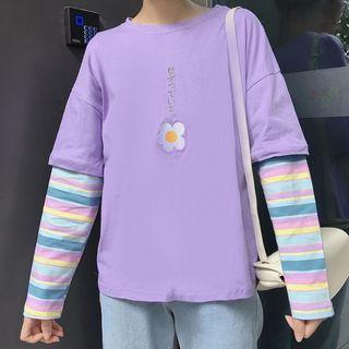 Mock Two-piece Long-sleeve Flower Embroidered T-shirt