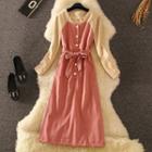 Two-tone Long-sleeve Tie-waist Midi A-line Dress