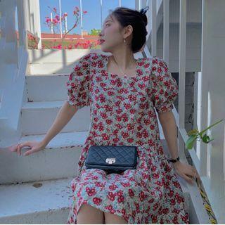Short-sleeve Square Neck Floral A-line Dress Floral - Red - One Size