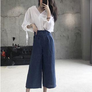 Capri Wide Leg Pants / V-neck Long-sleeve Blouse