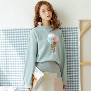 Pompom Ice Cream Print Mock-neck Pullover