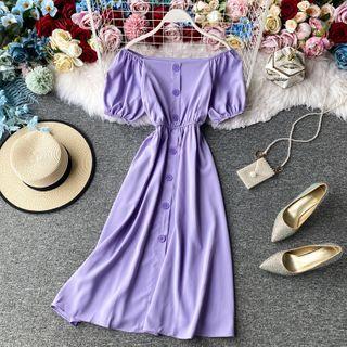 Button-detail Off-shoulder Puff-sleeve Plain Dress
