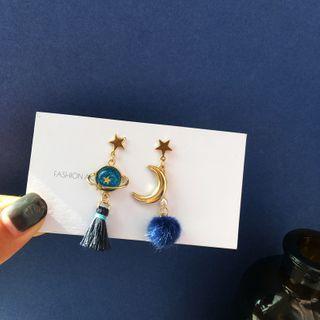 Moon & Planet Tassel Pom Pom Asymmetrical Dangle Earring 1 Pair - S925 Silver Earring - Dark Blue & Gold - One Size