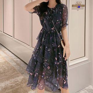 Floral Short-sleeve Chiffon Layered Dress