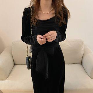 Mesh Panel Velvet Midi Sheath Dress