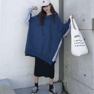 Two-tone Side-slit Long Hoodie As Shown In Figure - One Size
