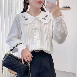 Lace Trim Embroidered Shirt White - One Size