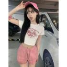 Short-sleeve Graphic Cropped T-shirt / Drawstring Shorts