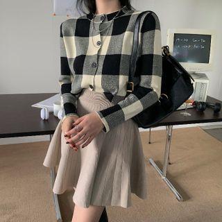 Set: Plaid Cardigan + Mini A-line Skirt Set Of 2 - Cardigan & Skirt - Beige & Black - One Size