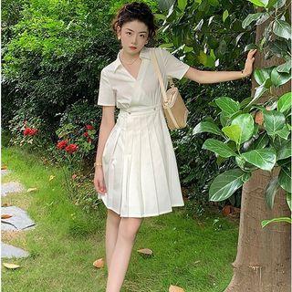 Collared Pleated Mini A-line Dress