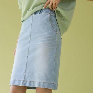 Band-waist Washed Denim Skirt