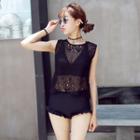 Set: Plain Frill Trim Bikini + Lace Cover-up