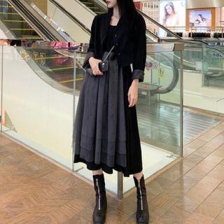 Set: Plain Cropped Blazer + Mesh Panel A-line Tank Dress