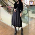 Set: Plain Cropped Blazer + Mesh Panel A-line Tank Dress