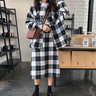 Set: Plaid Shirt Jacket + A-line Midi Skirt