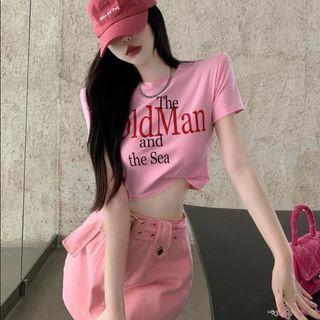 Short-sleeve Lettering Cropped T-shirt / Mini Pencil Skort
