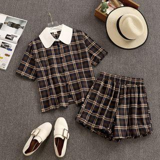 Set: Plaid Short-sleeve Blouse + Shorts
