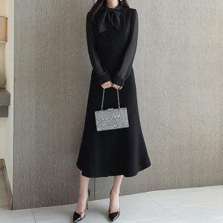 Long-sleeve Tie-waist Ruffle Hem Midi Sheath Dress