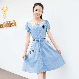 Short-sleeve Lace Panel Denim A-line Dress