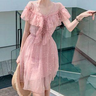 Ruffle Trim Sheer A-line Dress
