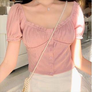 Puff-sleeve Plain Cropped T-shirt