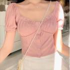 Puff-sleeve Plain Cropped T-shirt