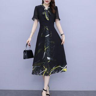 Short-sleeve Tie-neck Print Panel Midi A-line Dress