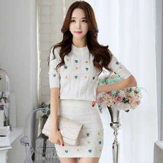 Set: Elbow-sleeve Knit Top + Mini Knit Sheath Skirt