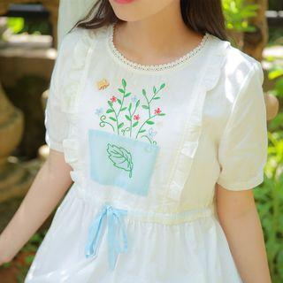 Embroidered Frill Trim Short Sleeve Drawstring Waist Dress