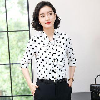 Elbow-sleeve Polka Dot Tie-neck Blouse