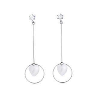 Sterling Silver Simple Geometric Round Shell Heart Tassel Earrings With Cubic Zircon Silver - One Size
