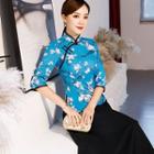 Floral 3/4-sleeve Hanfu Top / Midi A-line Skirt / Set