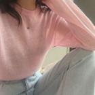 Plain Long-sleeve Knit Top Pink - One Size
