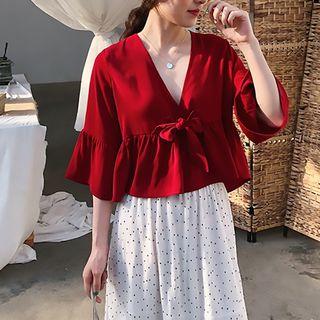 V-neck Bow Tie Elbow-sleeve Blouse