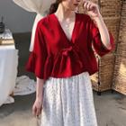 V-neck Bow Tie Elbow-sleeve Blouse