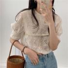 Elbow-sleeve Embroidered Blouse Almond - One Size