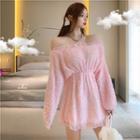 Off Shoulder Plain Lace A-line Mini Dress Pink - One Size