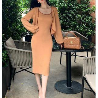 Set: Contrast Trim Knit Dress + Puff-sleeve Cardigan