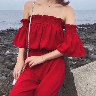 Set: Elbow-sleeve Off-shoulder Blouse + Wide Leg Pants