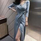 V-neck Twisted Long-sleeve Midi A-line Slit Dress