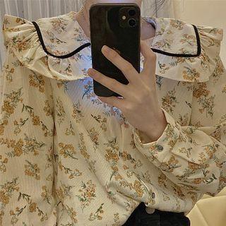 Puff-sleeve Ruffled Floral Print Blouse Floral - Almond - One Size