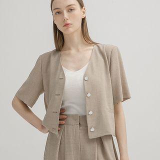 Elbow-sleeve Collarless Cropped Jacket