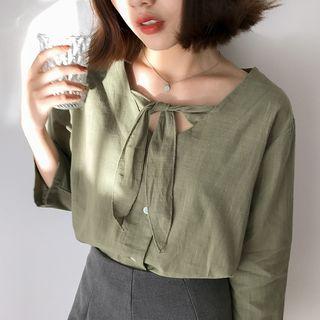 Plain Linen 3/4-sleeve Blouse