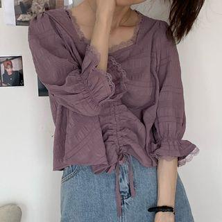Drawstring Lace Trim Elbow-sleeve Blouse